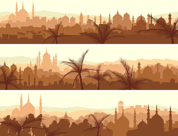 Banderas horizontales de la gran ciudad árabe al atardecer . — Vector de stock