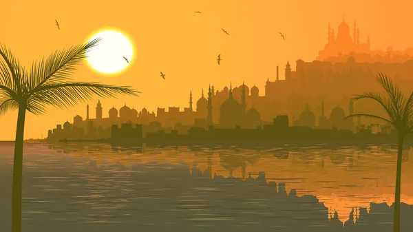 Εικονογράφηση της μεγαλούπολης Άραβας από τη θάλασσα στο ηλιοβασίλεμα. — Διανυσματικό Αρχείο