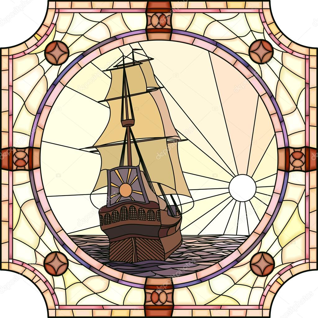 Illustration of sailing ships of the 17th century at sunset.