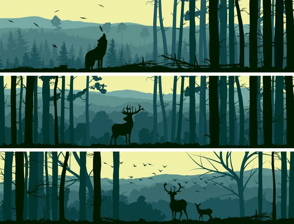 Banderas horizontales de animales salvajes en el bosque de colinas . — Vector de stock