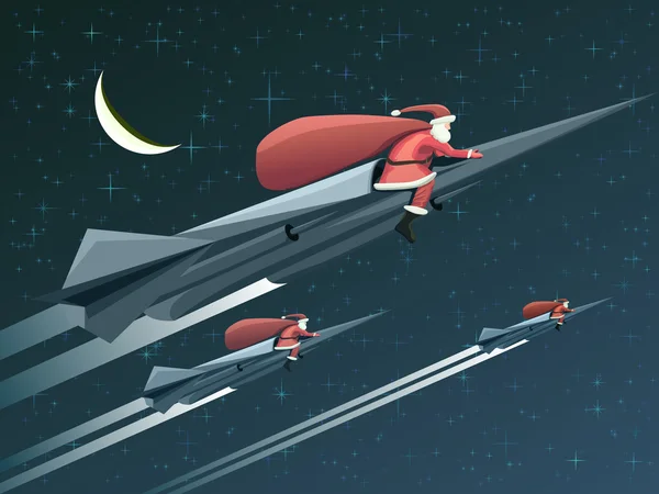 Biglietto di Natale con Babbo Natale sui razzi di notte . — Vettoriale Stock