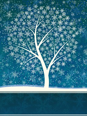 carta di inverno di nevicate con albero di neve.