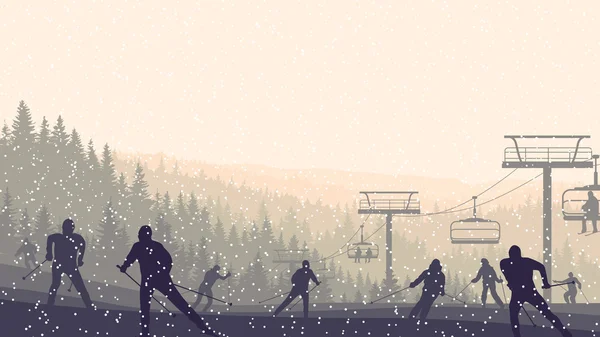Ilustração horizontal de esquiadores em colinas da manhã coníferas fo — Vetor de Stock