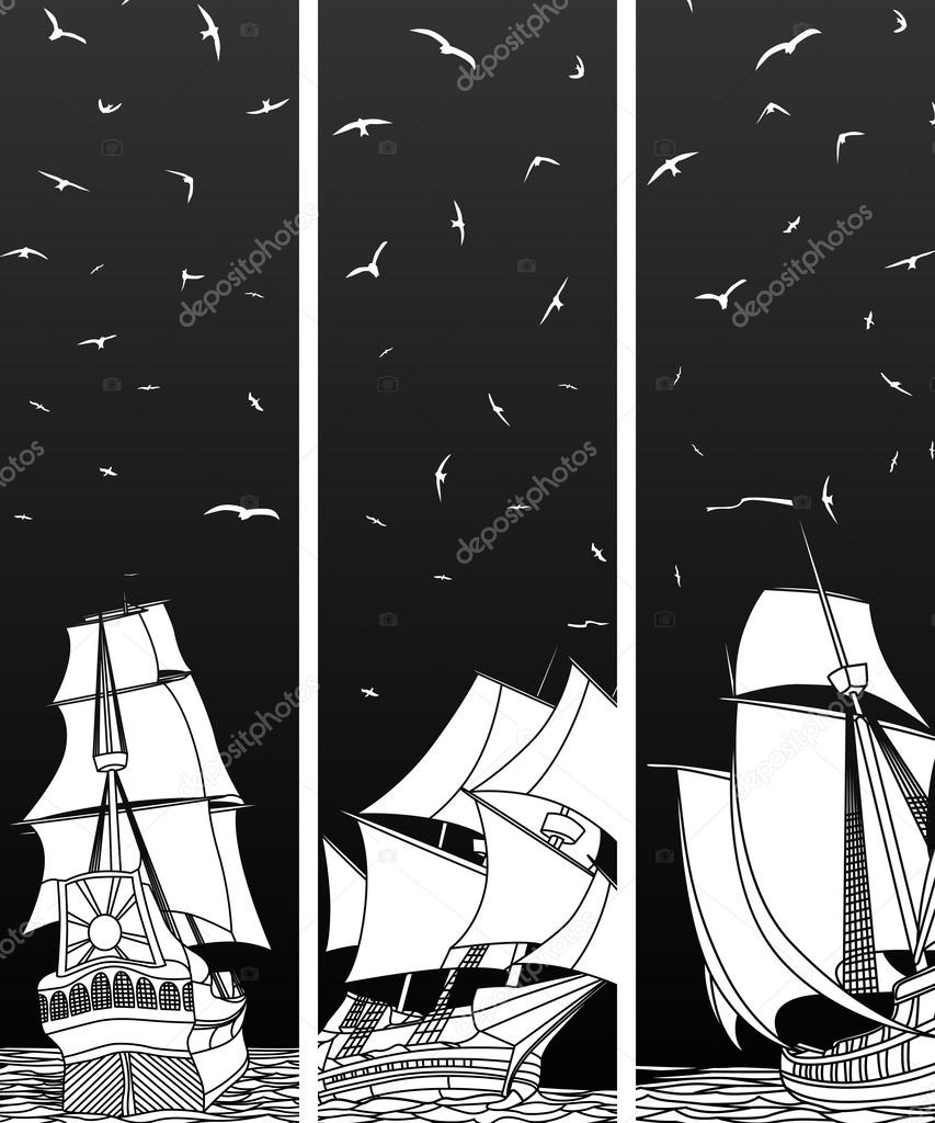 Vertical banners of sailing ships with birds.