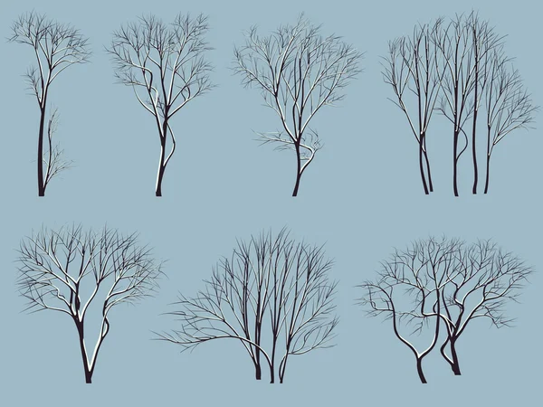Силуэты деревьев без листьев со снегом . — стоковый вектор