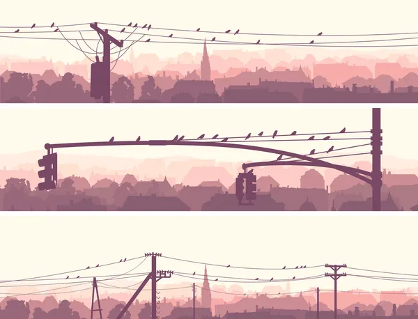 Banderas horizontales de aves de bandada en las líneas eléctricas de la ciudad . — Vector de stock