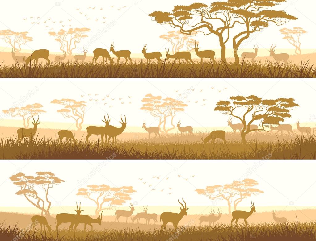 Horizontal banners of wild animals in African savanna.