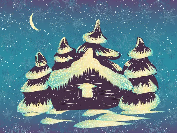 Κάρτα του χειμώνα με χιονισμένο σπίτι και δέντρα. — Διανυσματικό Αρχείο