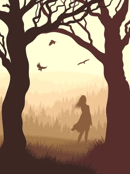 Vertical illustration within forest with silhouette girl in the — Stock Vector