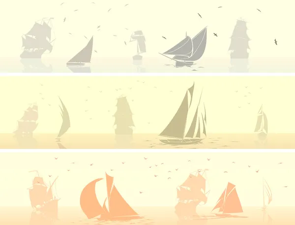 Horizontal banners of sailing ships with birds. — Stock Vector