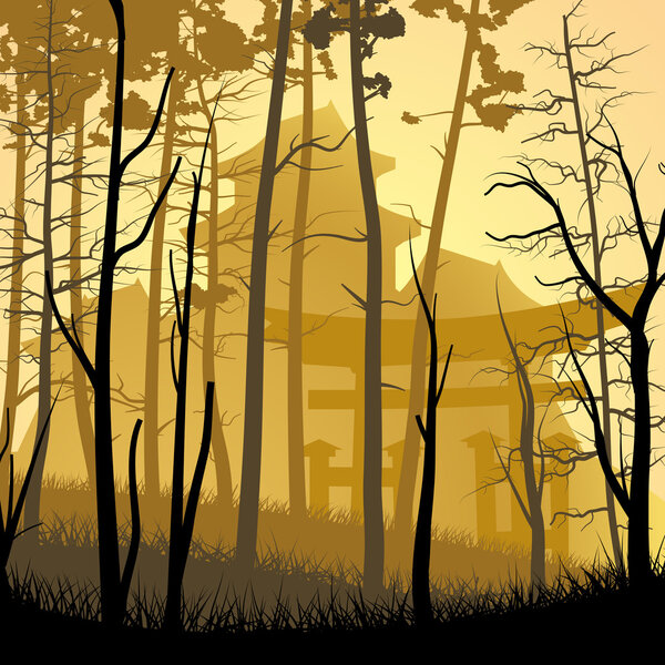 Дикое туманное дерево с замком в азиатском стиле
.