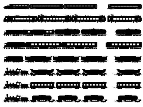 Silhuetas de vectores de comboios e locomotivas . — Vetor de Stock