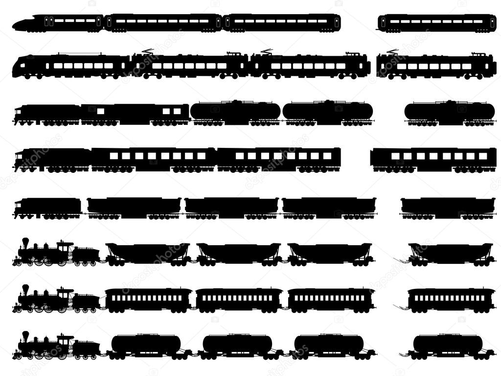 Vector silhouettes of trains and locomotives.