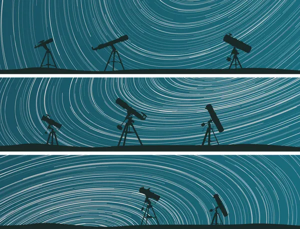 Horizontale banners van sterren trace cirkels op de hemel met telescoop — Stockvector
