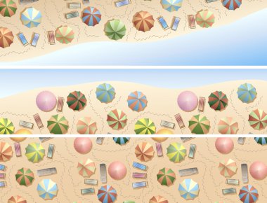 Horizontal banners of many parasols, deck chair on beach. clipart