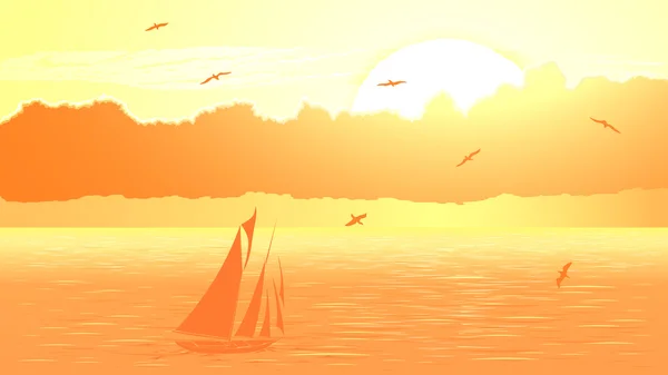 矢量帆船对橘黄色的夕阳. — 图库矢量图片