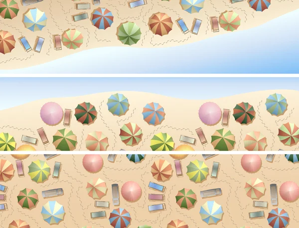 Horizontale banners van vele parasols, ligstoel op het strand. — Stockvector