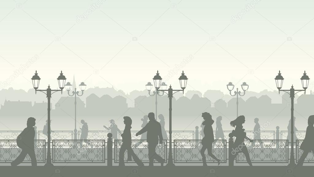 Vectorl illustration of downtown street with people.