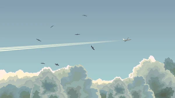 구름 사이에서 비행기의 수평 그림. — 스톡 벡터