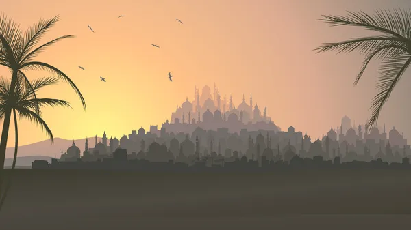 Horizontal illustration of big arab city at sunset. — Stok Vektör