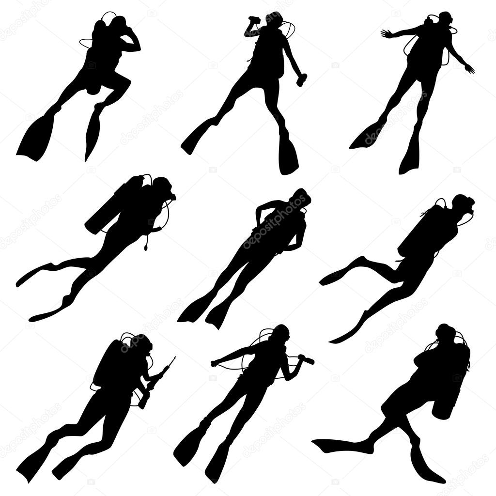 Set silhouettes of divers. — Stock Vector © Vertyr #44540527