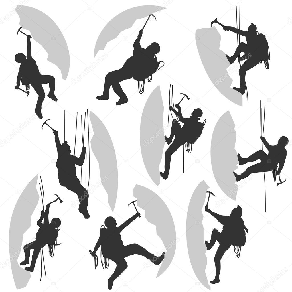 Set silhouettes of alpinists.