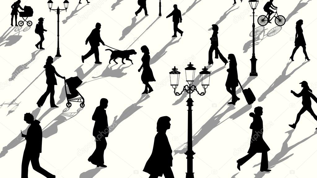 Horizontal illustration of crowd people silhouettes with shadows