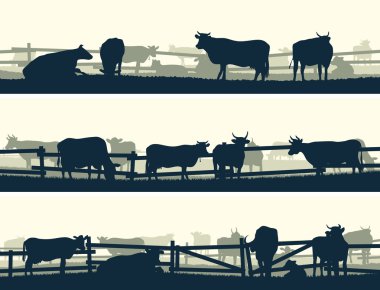 Yatay vektörel banner tarım alanları ile çit ve çiftlik hayvanları