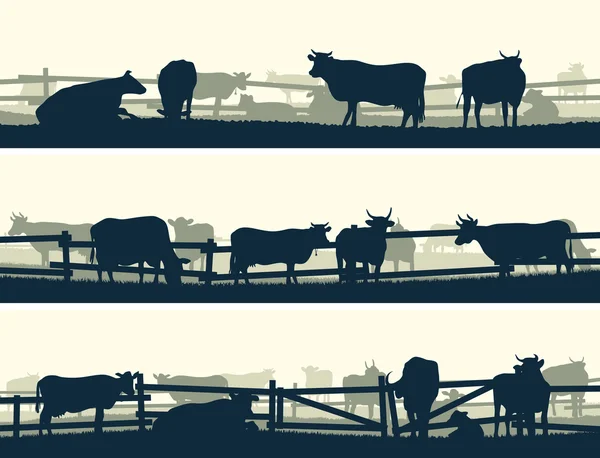 Bannière vectorielle horizontale champs de ferme avec clôture et animaux de ferme — Image vectorielle