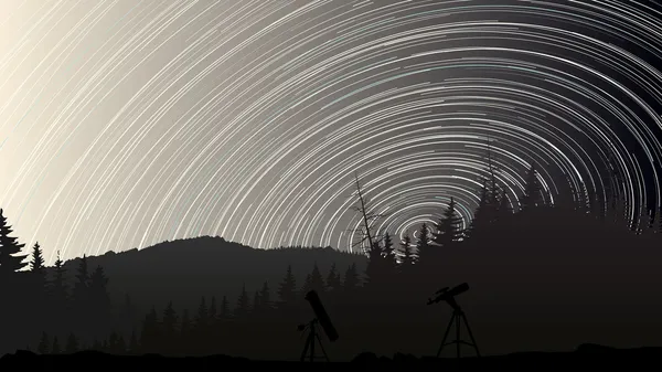 Illustrasjon av stjerners sporsirkler på himmelen over skogen . – stockvektor