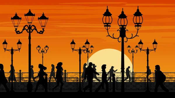 Vector illustration of sunset seafront street with people. — Stock Vector