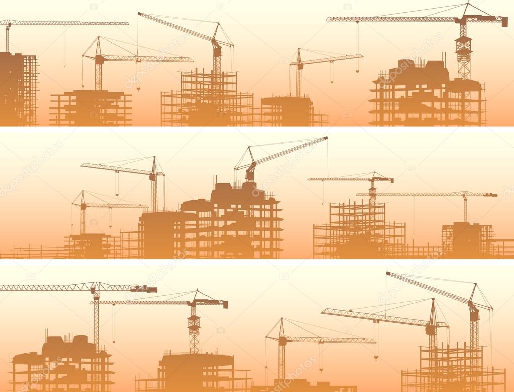 Horizontal banner of construction site with cranes and building 
