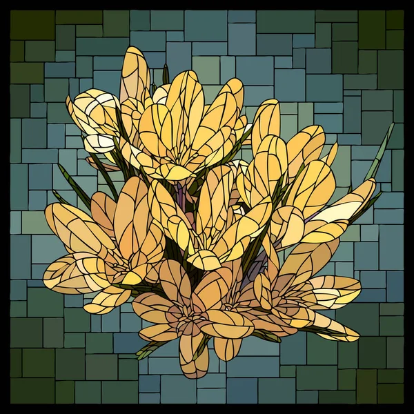 Vector Vierkante Mozaïek Met Groep Bloeiende Gele Krokus Bloemen Glas — Stockvector