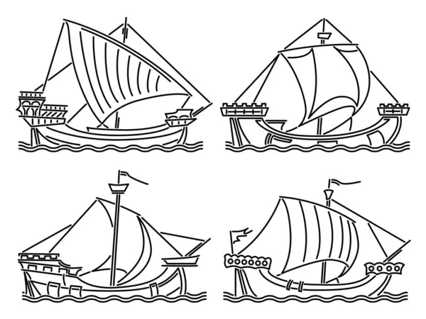 線画で描かれた中世前期の単刀形軍艦の単純なベクトル画像のセット — ストックベクタ