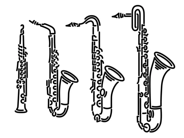 Satz Einfacher Bilder Verschiedene Arten Von Saxophonen Sopran Alt Tenor — Stockvektor