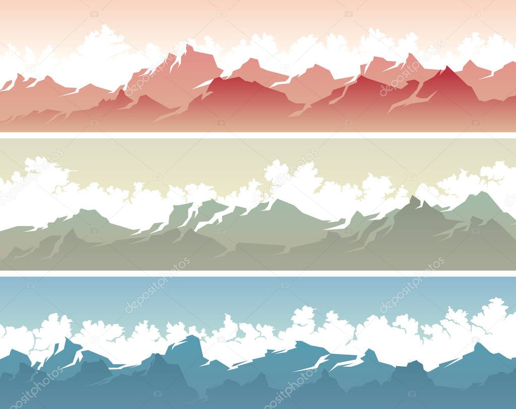 Set of vector horizontal banners with clouds and snowy mountain range.