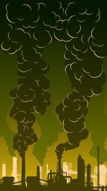 Sanayi bölgesinin siluetinin dikey çizimi (fabrikalar, rafineriler ve enerji santralleri) bacalardan çıkan yoğun dumanla.