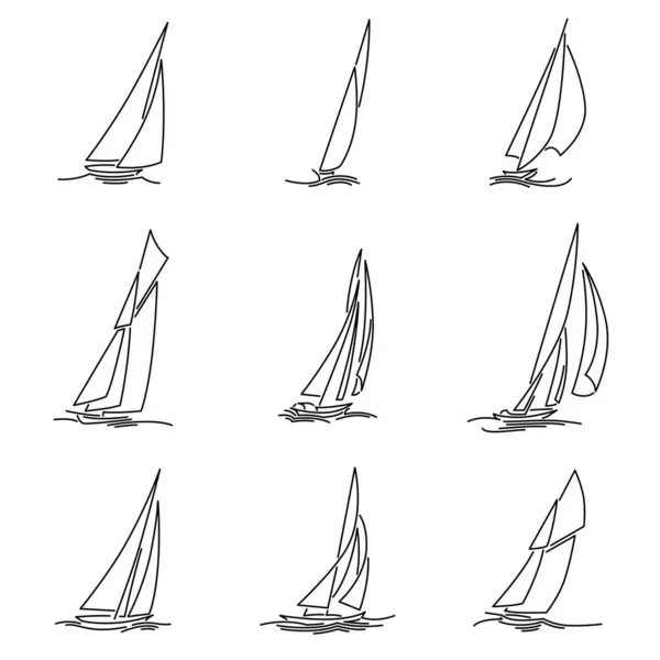 Set Simple Vector Images Sailing Yachts Triangular Sails Waves Drawn — Stock Vector