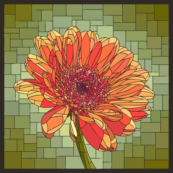 Vector Square Mosaic Blooming Orange Gerbera Flower Stained Glass Window — Stock Vector