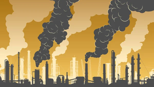 Pozioma Ilustracja Sylwetek Strefy Przemysłowej Fabryki Rafinerie Elektrownie Gęstym Dymem — Wektor stockowy