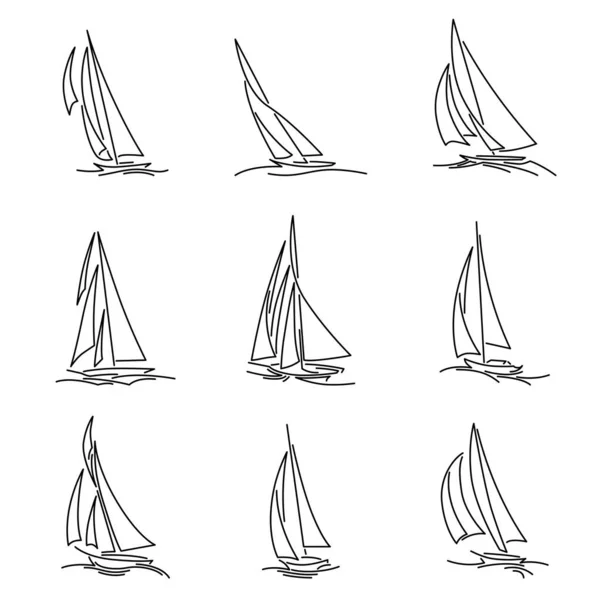 Σύνολο Απλών Διανυσματικών Εικόνων Ιστιοπλοϊκών Σκαφών Τριγωνικά Πανιά Κύματα Στυλ — Διανυσματικό Αρχείο