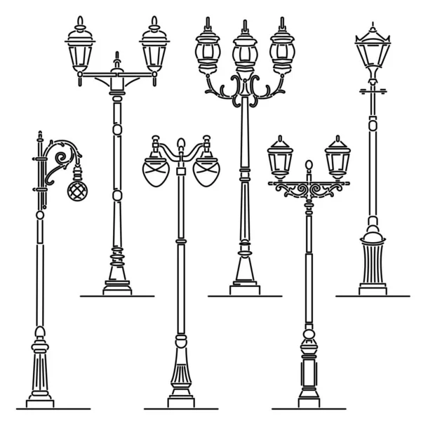 Set Simple Vector Images Vintage Artistic Decorative Lamppost Art Line — Vetor de Stock