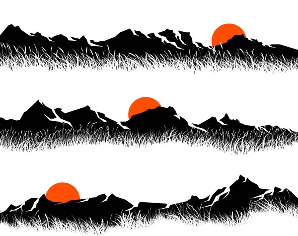 山脈の黒いシルエットのベクトル水平バナーのセット その上の白い草と赤い太陽 — ストックベクタ