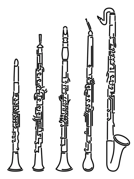 線で描く木管楽器 クラリネット オーボエ ホルン の種類 — ストックベクタ