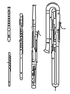 Set of simple images different types of woodwind instrument (bassoon, flute, bass bassoon, block flute, piccolo) drawn by lines. clipart