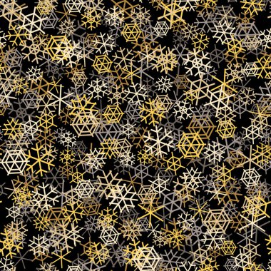 Seamless simple black background with yellow falling snowflakes.