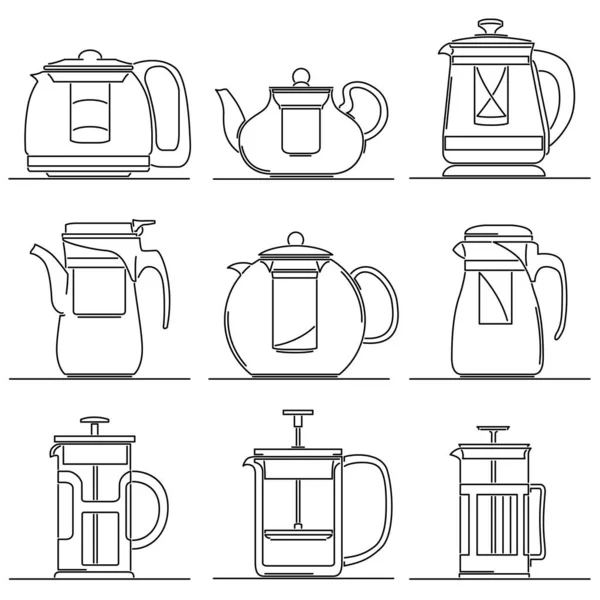 Set Simple Vector Images Modern Glass Teapot Strainer Tea Mesh — Vetor de Stock