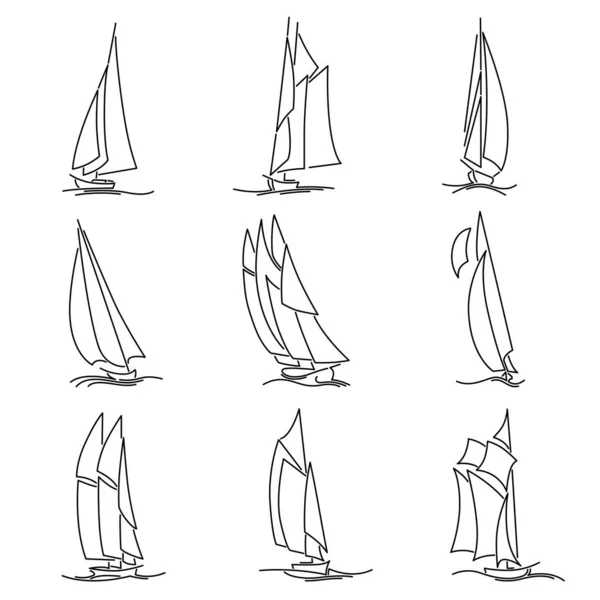 Набір Простих Векторних Зображень Вітрильних Кораблів Хвилях Намальованих Стилі Лінії — стоковий вектор