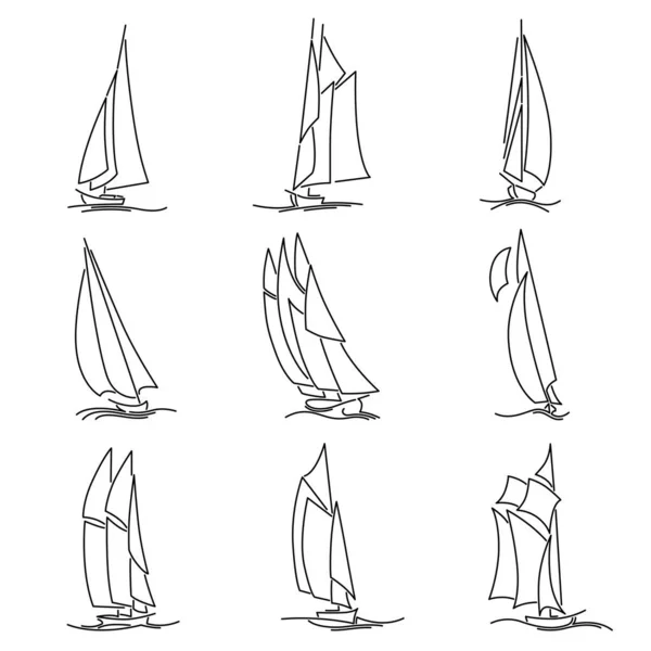 Conjunto Imágenes Vectoriales Simples Barcos Vela Olas Dibujadas Estilo Línea — Archivo Imágenes Vectoriales