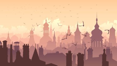 Horizontal vector illustration with old part of the historical city at sunset with steeples and spires.